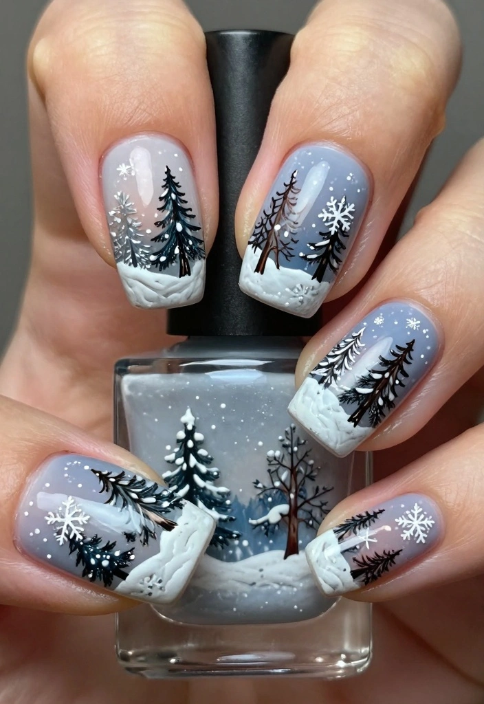 16 White Winter Nails Ideas for a Frosty Elegant Look - 9. Winter Scenery Nail Art 1