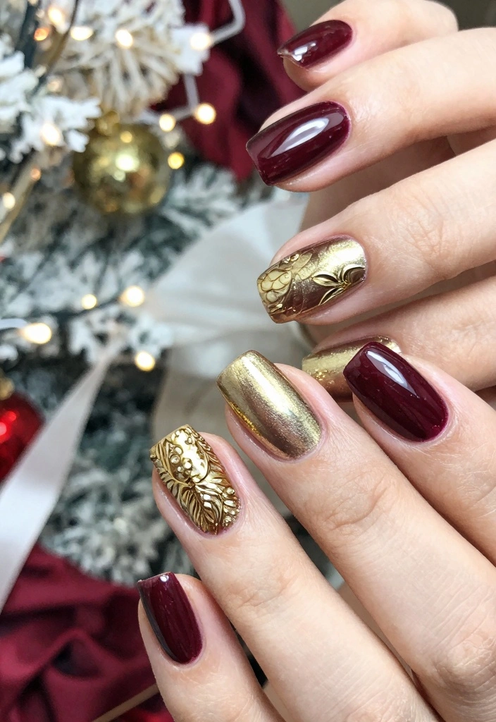 16 Winter Chrome Nails Ideas Icy Luxe Shine - 10. Burgundy and Gold Marvel 1