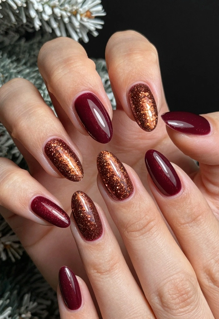 16 Winter Nails Ideas: Elegant Cold Season Looks - 9. Burgundy & Copper Combo 1