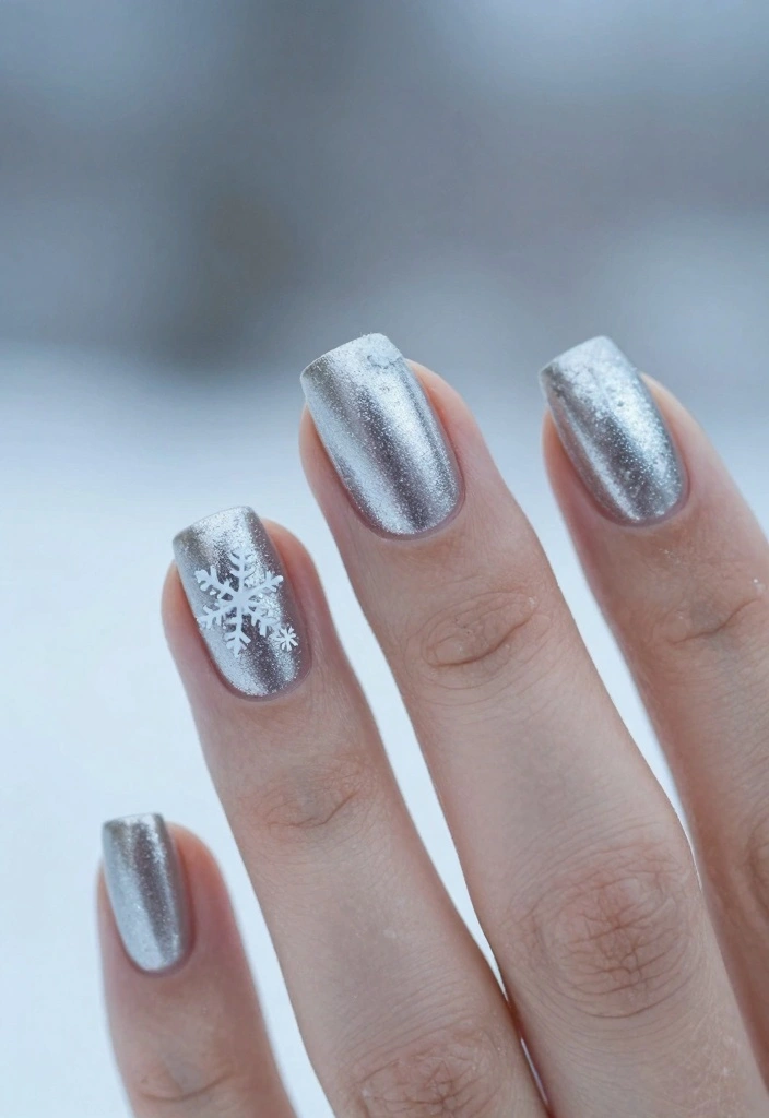17 Short Winter Nails Ideas Simple Cozy Chic - 11. Metallic Silver with Snowflake Accents 1