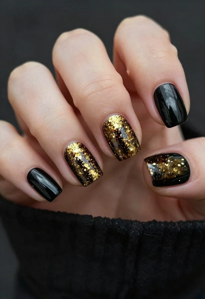 17 Short Winter Nails Ideas Simple Cozy Chic - 17. Simple Black with Gold Glitter 1
