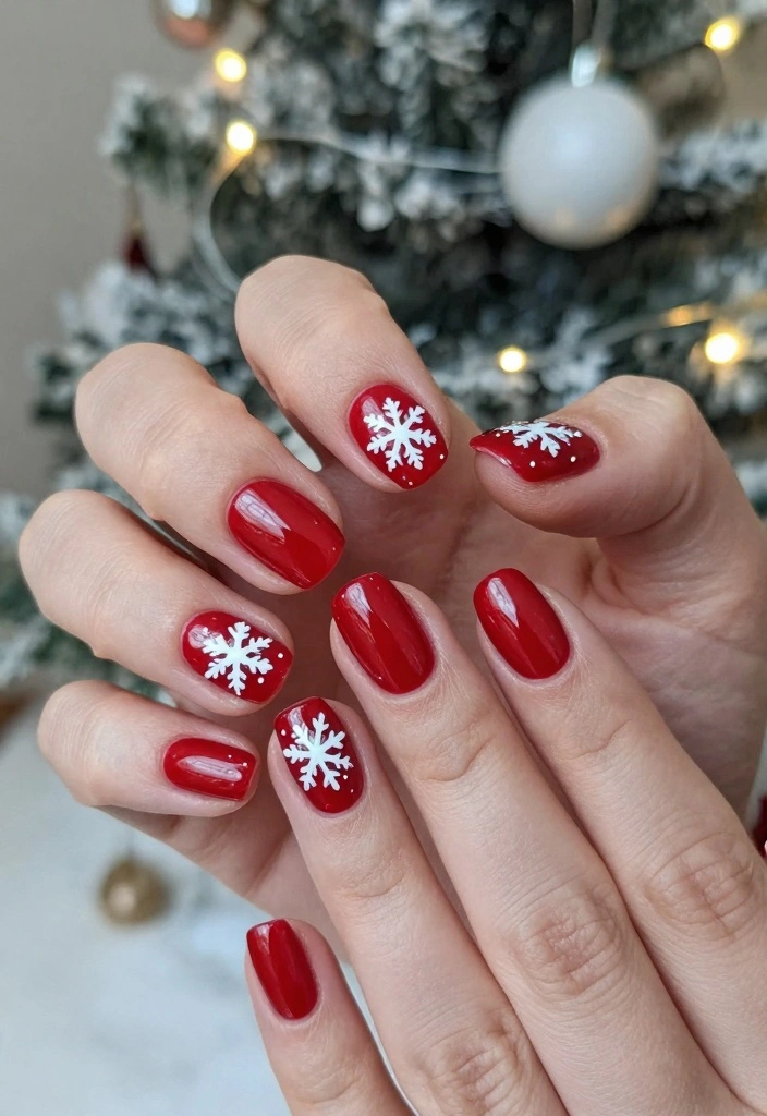 17 Short Winter Nails Ideas Simple Cozy Chic - 3. Holiday Red with White Snowflakes 1