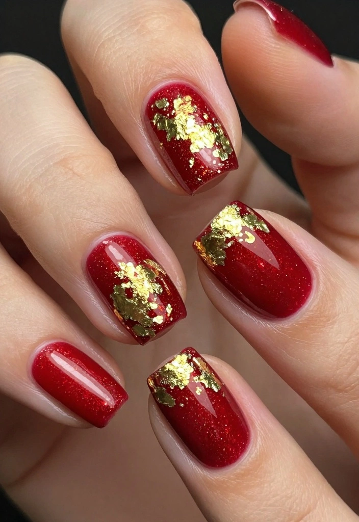 17 Short Winter Nails Ideas Simple Cozy Chic - 8. Ruby Red with Gold Foil Accents 1