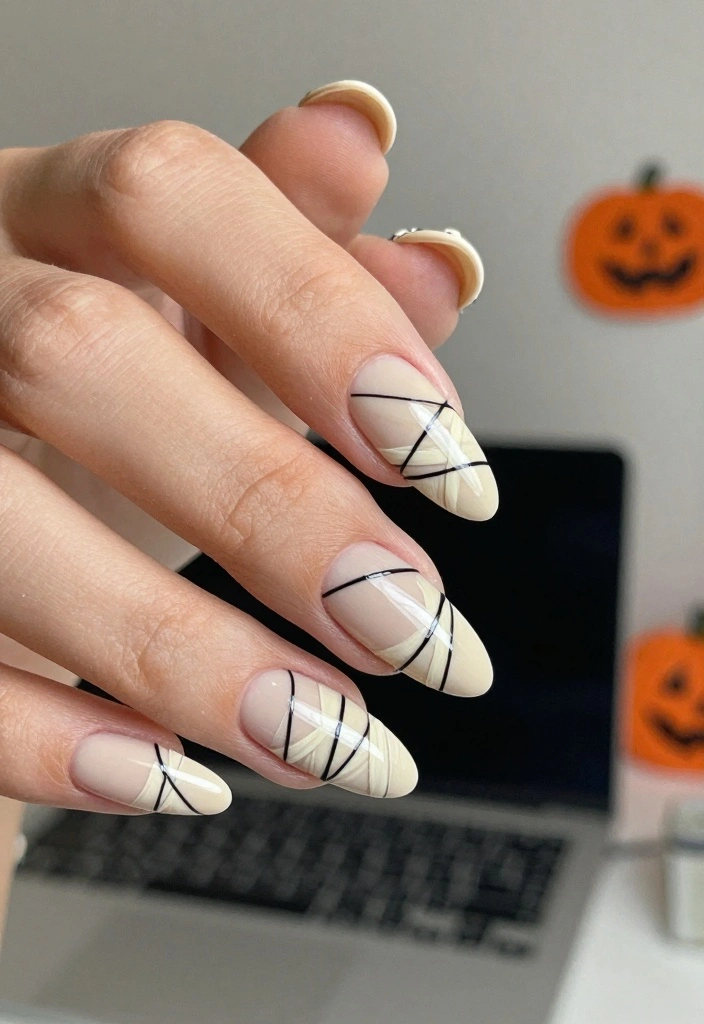 17 Simple Halloween Nails Ideas with a Minimal Spooky Touch - 11. Mummy Wraps 1