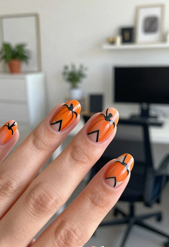 17 Simple Halloween Nails Ideas with a Minimal Spooky Touch - 13. Geometric Pumpkin Patterns 1
