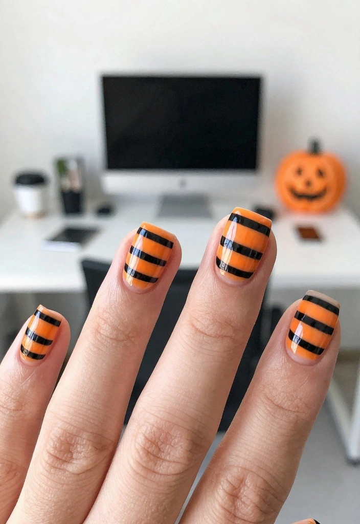 17 Simple Halloween Nails Ideas with a Minimal Spooky Touch - 15. Simple Candy Stripe 1