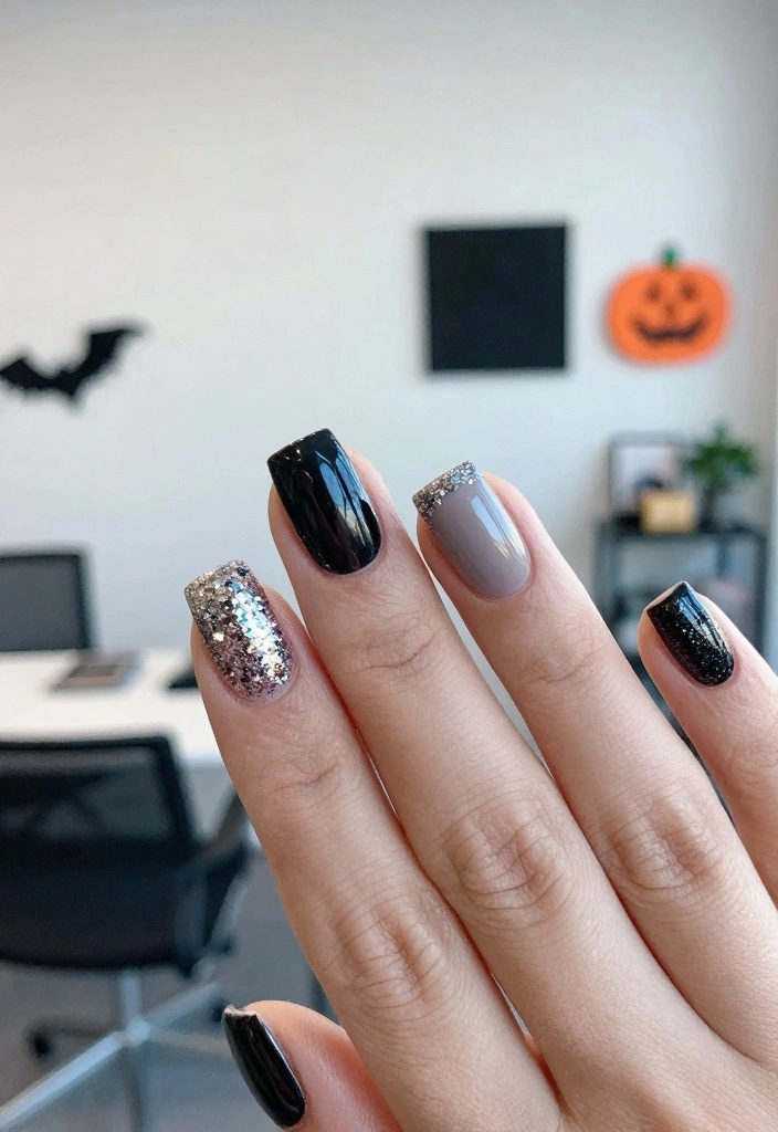 17 Simple Halloween Nails Ideas with a Minimal Spooky Touch - 17. Festive Glitter Tips 1