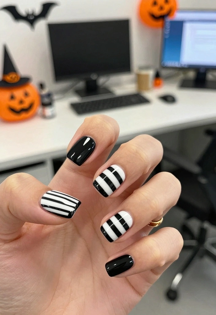 17 Simple Halloween Nails Ideas with a Minimal Spooky Touch - 5. Classic Black and White Stripes 1