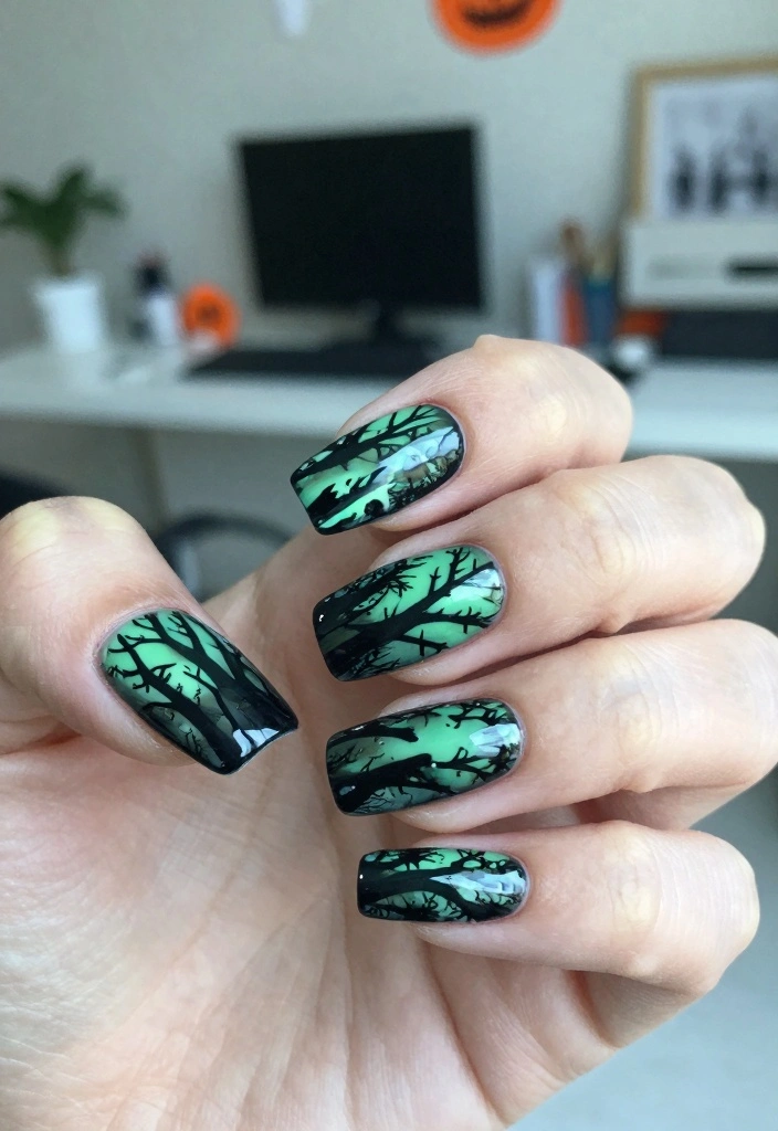 17 Simple Halloween Nails Ideas with a Minimal Spooky Touch - 7. Haunted Forest 1