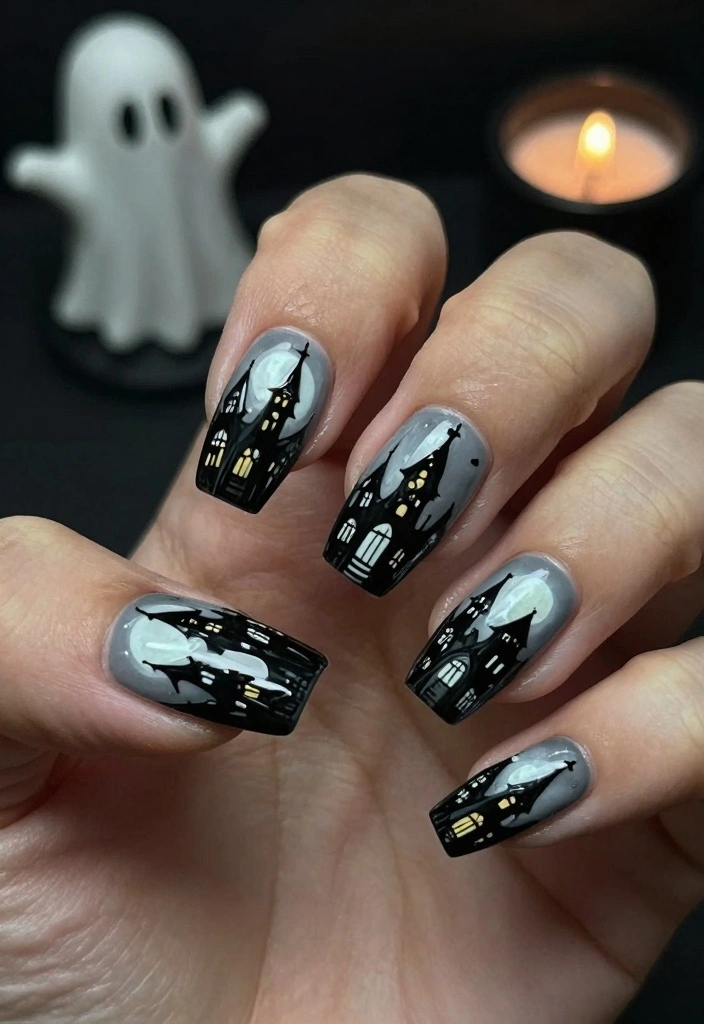 17 Spooky Halloween Nails Ideas: Dark Festive Style - 1. Haunted House Elegance 1