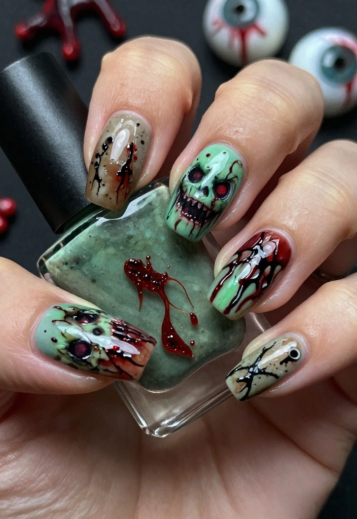 17 Spooky Halloween Nails Ideas: Dark Festive Style - 15. Zombie Apocalypse 1