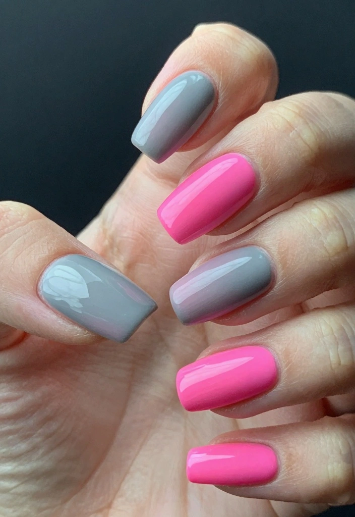 18 Ombre Nail Designs Ideas Smooth Color Blends - 10. Gray to Neon Pink 1