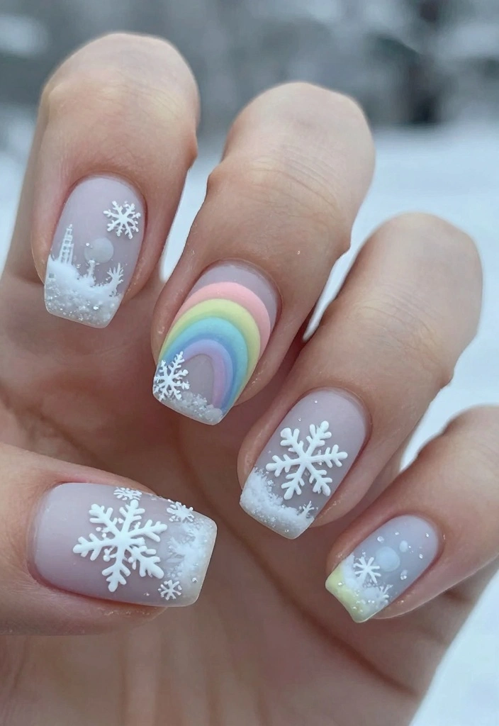 18 Ombre Nail Designs Ideas Smooth Color Blends - 12. Pastel Rainbow with Snowflakes 1
