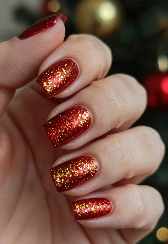 18 Red Christmas Nails Ideas: Festive Bold Looks - 1. Classic Red with Gold Glitter Tips 1