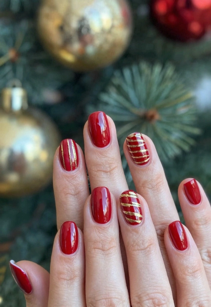 18 Red Christmas Nails Ideas: Festive Bold Looks - 11. Simple Red Nails with Gold Stripes 1