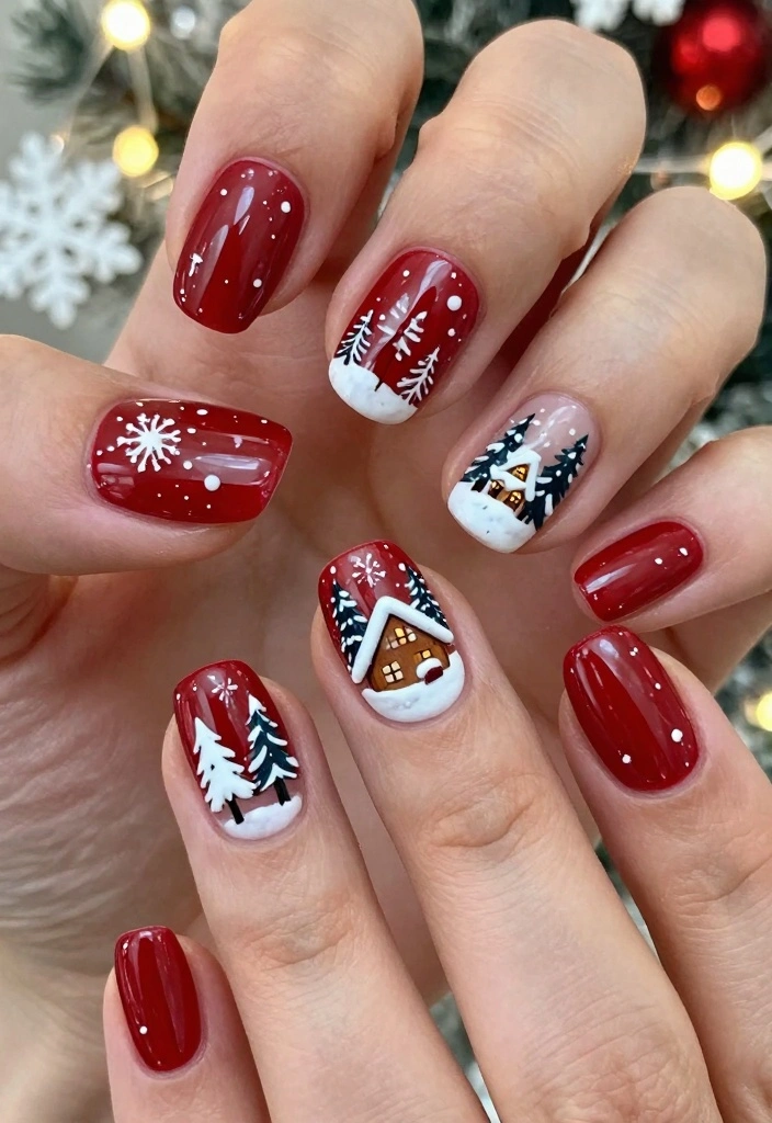 18 Red Christmas Nails Ideas: Festive Bold Looks - 12. Red Nails with Winter Landscapes 1