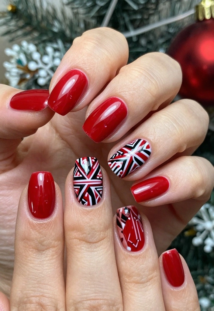 18 Red Christmas Nails Ideas: Festive Bold Looks - 15. Bold Red with Geometric Patterns 1