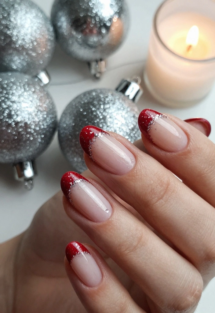18 Red Christmas Nails Ideas: Festive Bold Looks - 16. Red and Silver Glittering French Tips 1