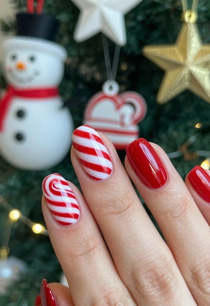 18 Red Christmas Nails Ideas: Festive Bold Looks - 3. Red and White Candy Cane Stripes 1