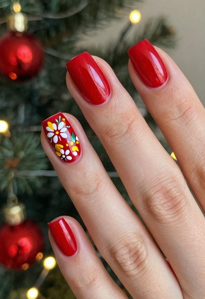 18 Red Christmas Nails Ideas: Festive Bold Looks - 4. Festive Floral Accent Nails 1
