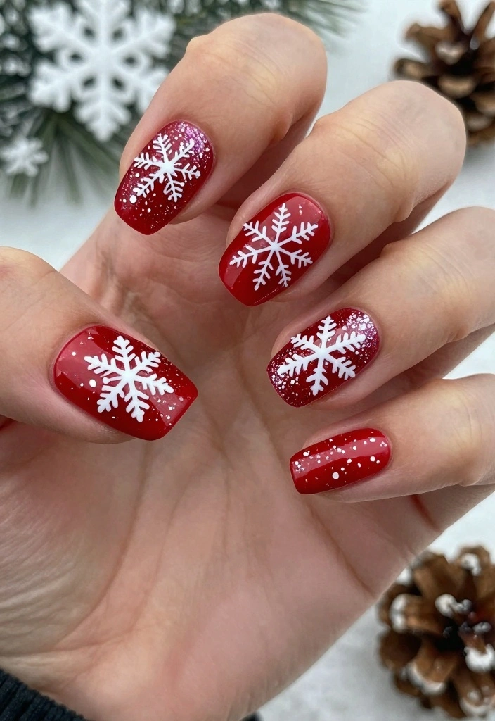 18 Red Christmas Nails Ideas: Festive Bold Looks - 7. Red Nail Art with Snowflakes 1