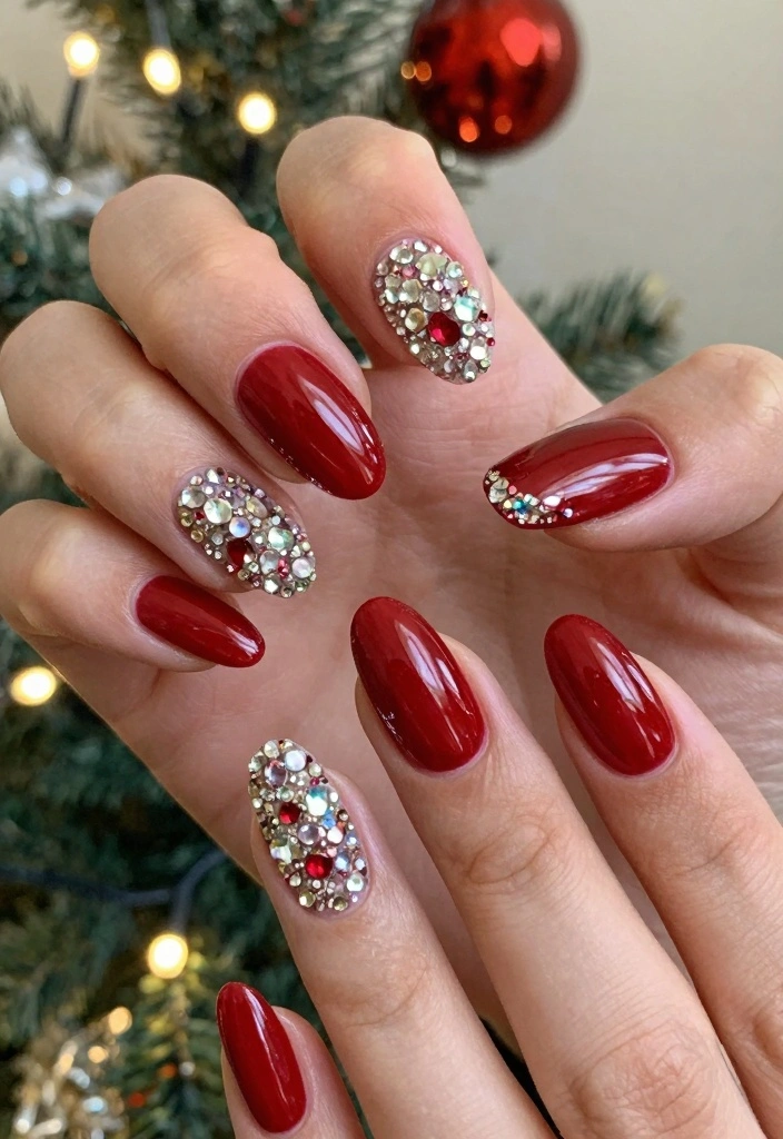 18 Red Christmas Nails Ideas: Festive Bold Looks - 8. Jewel Toned Red with Rhinestones 1