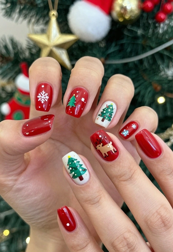 18 Red Christmas Nails Ideas: Festive Bold Looks - 9. Red with Holiday-Themed Decals 1