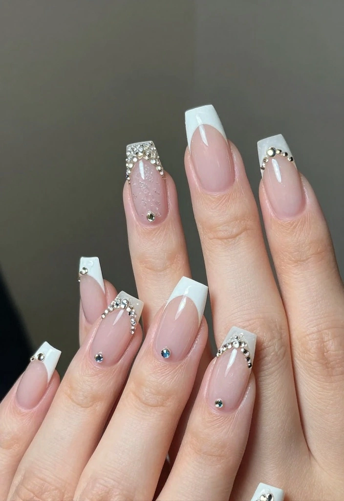 18 White French Nails Ideas Timeless Clean Style - 14. Jewel Accents French Tips 1
