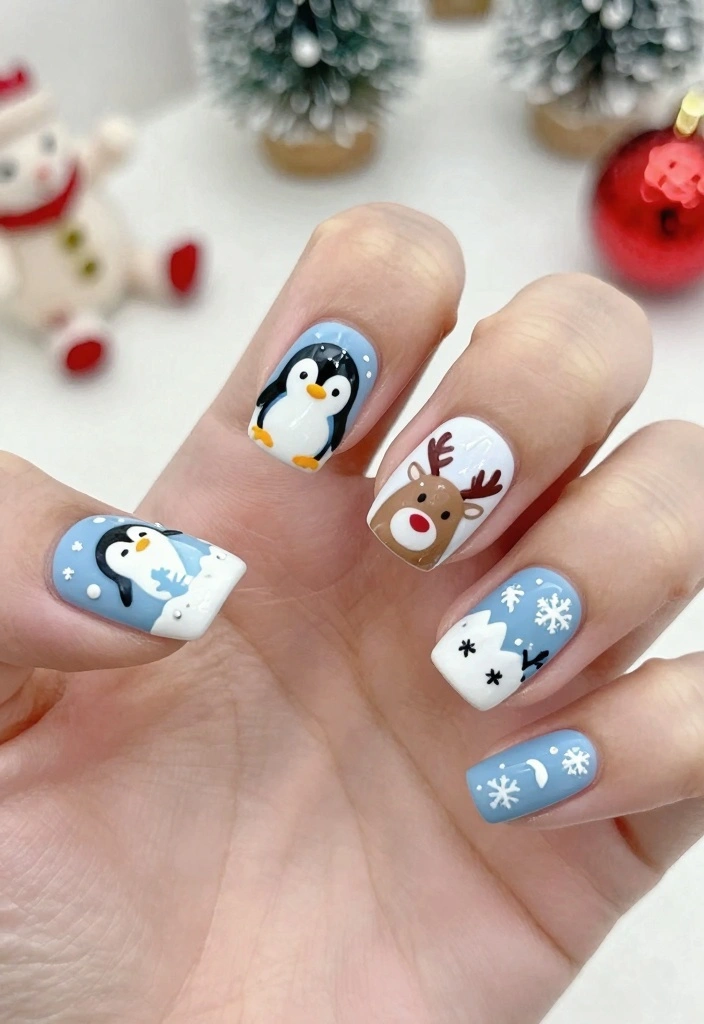 18 Winter Christmas Nails Ideas: Sparkly Festive Glam - 10. Whimsical Winter Animals 1
