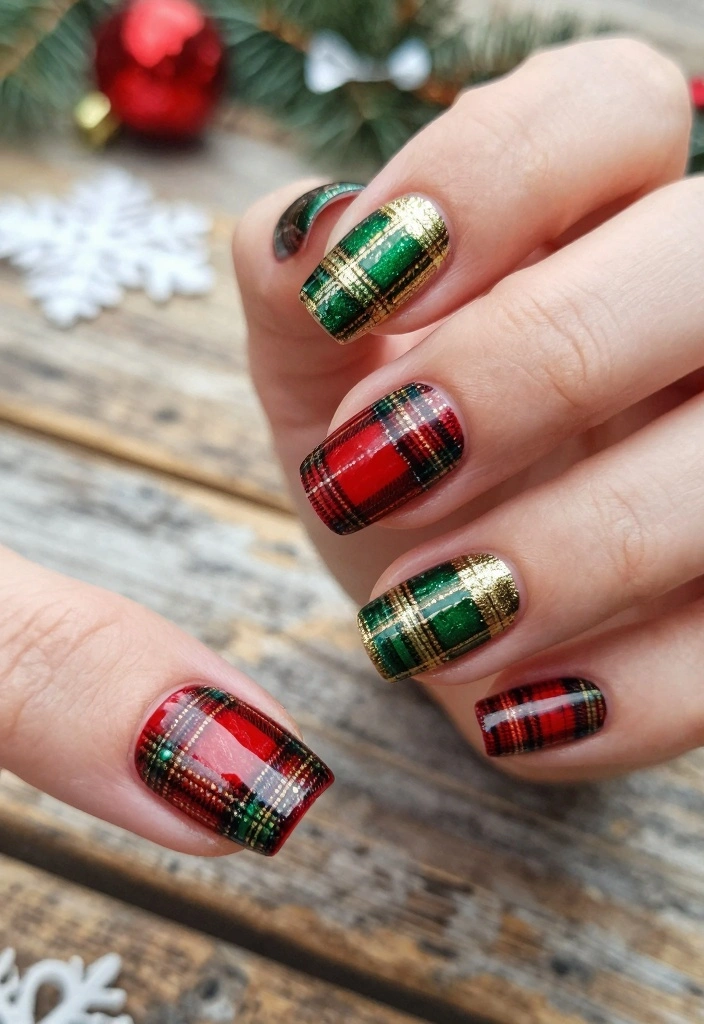 18 Winter Christmas Nails Ideas: Sparkly Festive Glam - 13. Holiday Plaid 1