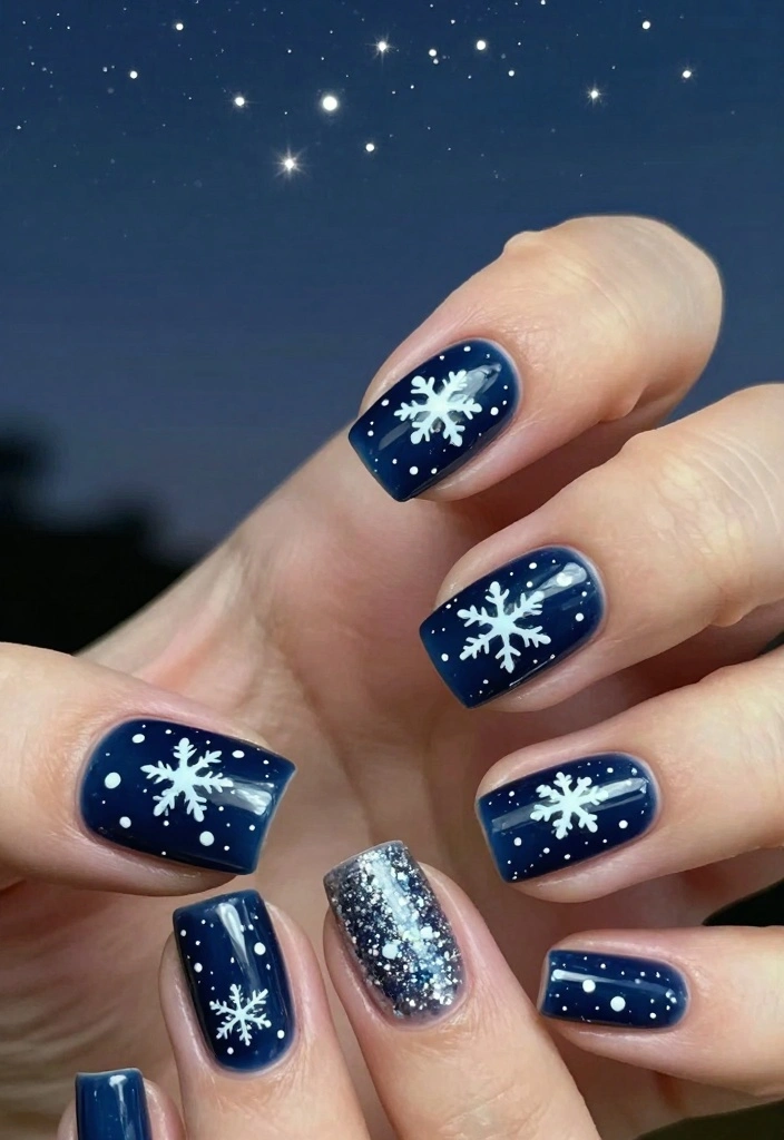 18 Winter Christmas Nails Ideas: Sparkly Festive Glam - 3. Snowy Night Nails 1