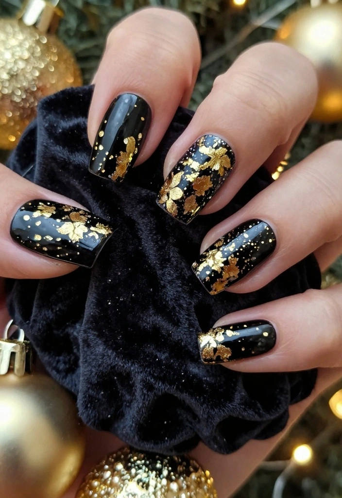 18 Winter Christmas Nails Ideas: Sparkly Festive Glam - 6. Chic Black and Gold 1