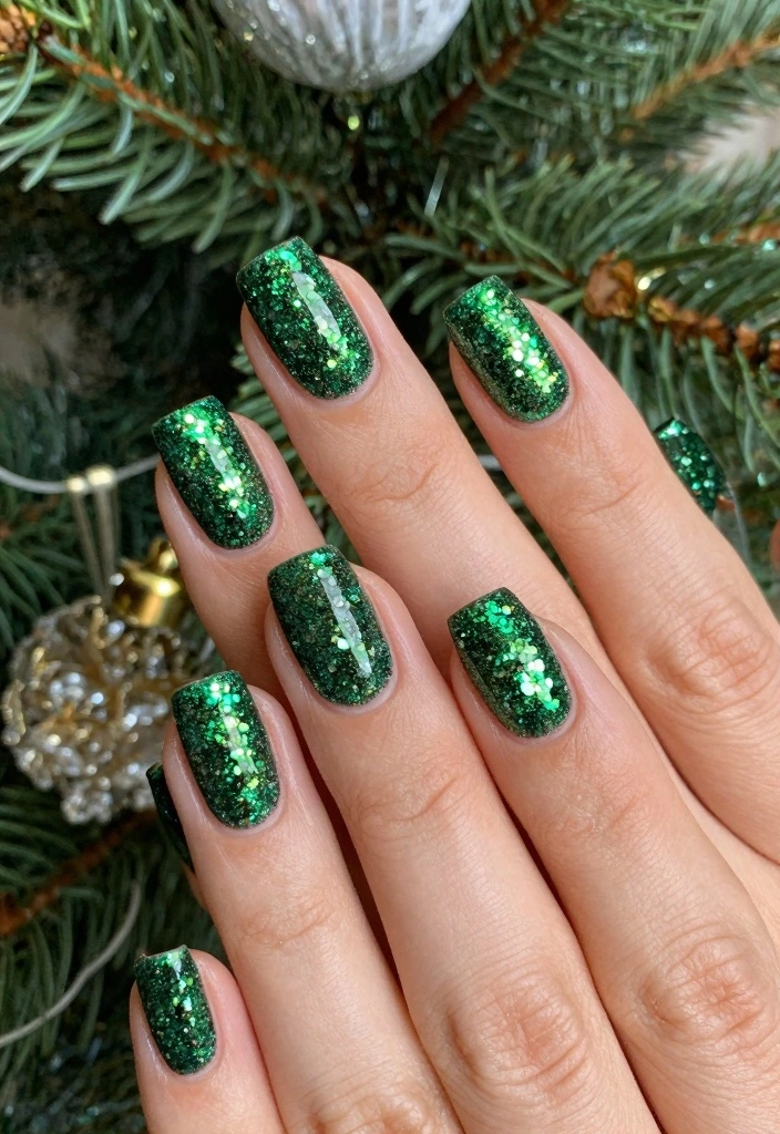 18 Winter Christmas Nails Ideas: Sparkly Festive Glam - 7. Glittery Green Forest 1