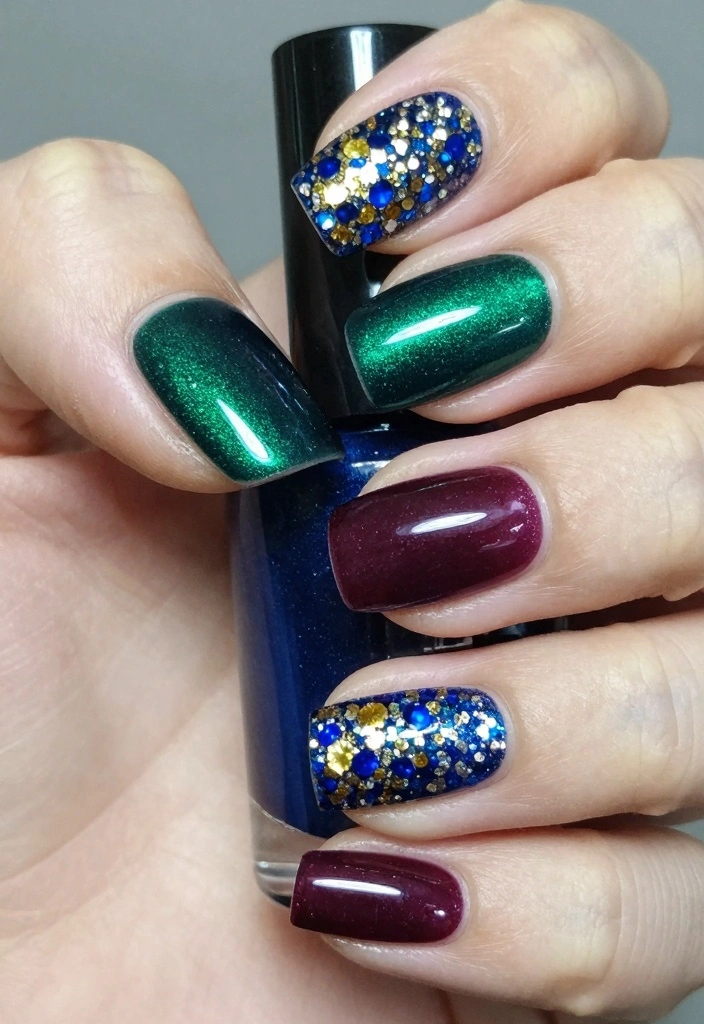 18 Winter Christmas Nails Ideas: Sparkly Festive Glam - 9. Jewel Toned Glam 1