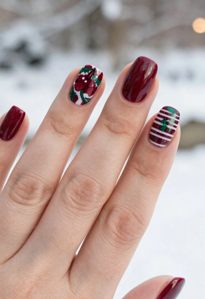 18 Winter Nails Ideas Cozy Trend Forward Style - 14. Berry Shades with Festive Patterns 1