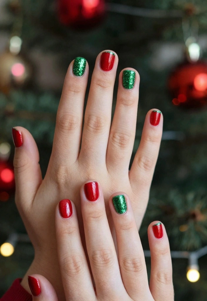 18 Xmas Nails Ideas Festive Cute and Glam - 1. Glittery Red and Green Combo 1
