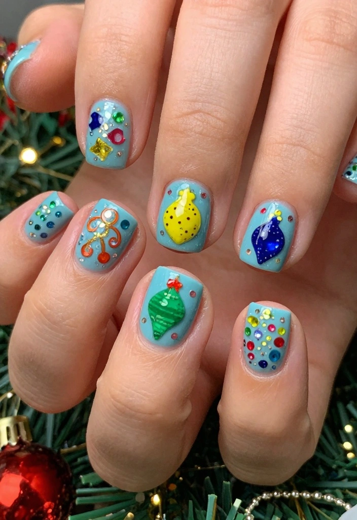 18 Xmas Nails Ideas Festive Cute and Glam - 15. Ornaments Galore 1