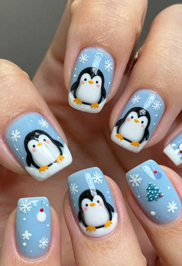 18 Xmas Nails Ideas Festive Cute and Glam - 5. Festive Penguin Pals 1