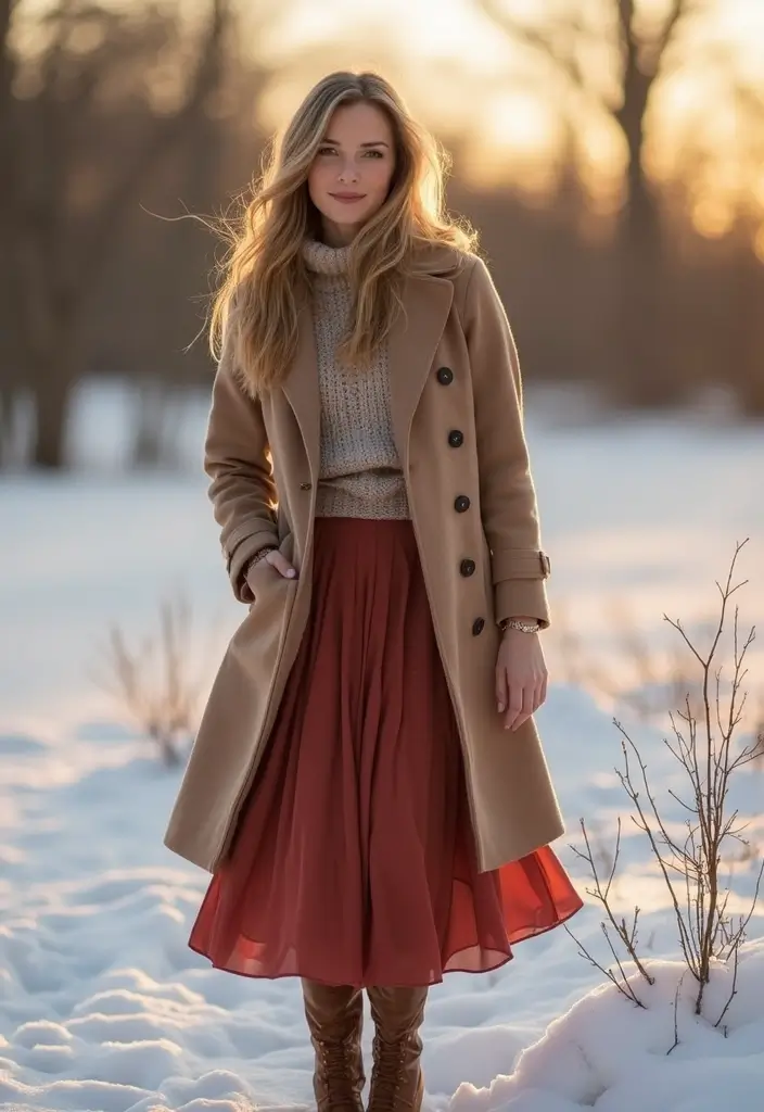 25 Chic Peacoat Womens Outfit To Copy Right Now - 12. Peacoat with a Layered Midi Skirt