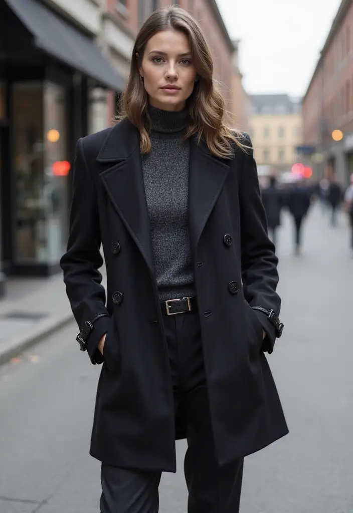 25 Chic Peacoat Womens Outfit To Copy Right Now - 14. Monochrome Peacoat Outfit