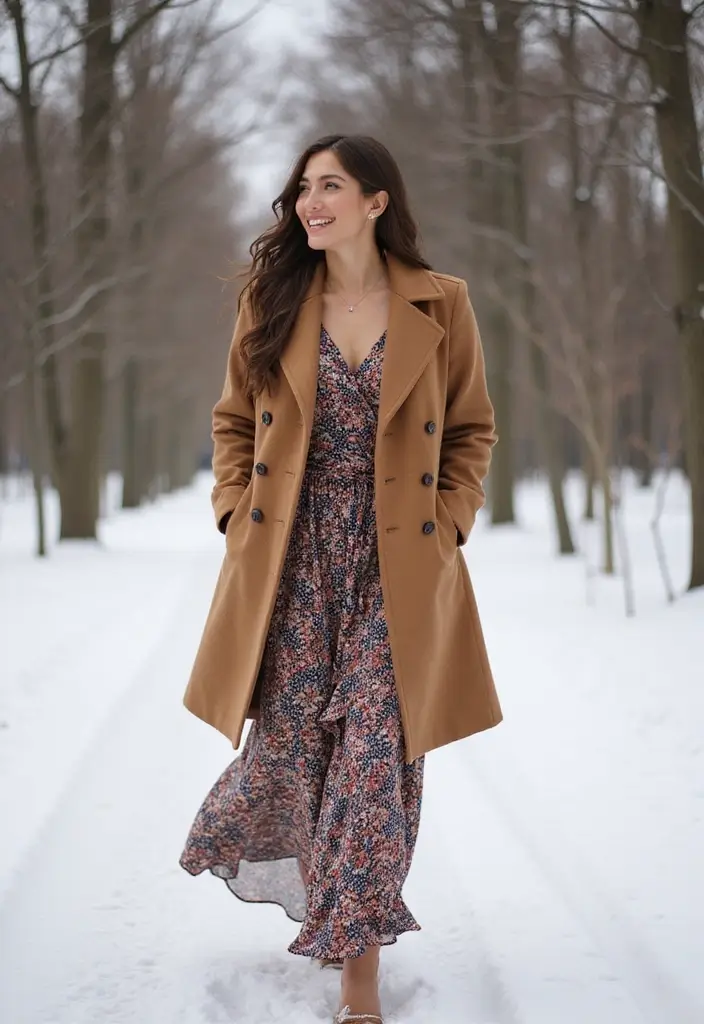 25 Chic Peacoat Womens Outfit To Copy Right Now - 4. Peacoat Over a Maxi Dress