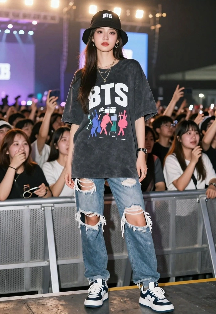14 BTS Concert Outfit Ideas For Women With Fan Energy - 1. Graphic Tee and Ripped Jeans 1