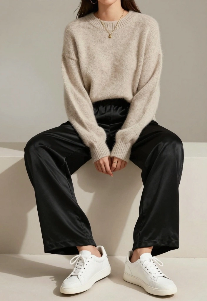 14 Black Satin Pants Outfit Ideas For Women With Luxe Vibes - 1. Casual Chic with a Knit Sweater 1