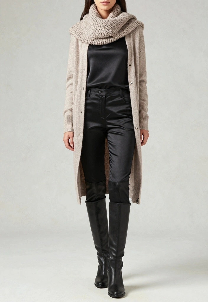 14 Black Satin Pants Outfit Ideas For Women With Luxe Vibes - 5. Layered Look with a Long Cardigan 1