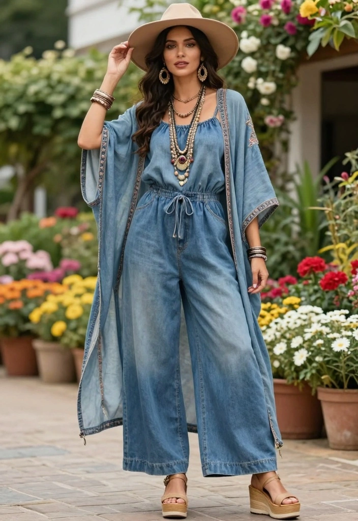 14 Denim Jumpsuit Outfit Ideas for Black Women - 3. Bohemian-Inspired Jumpsuit with Layered Accessories 1