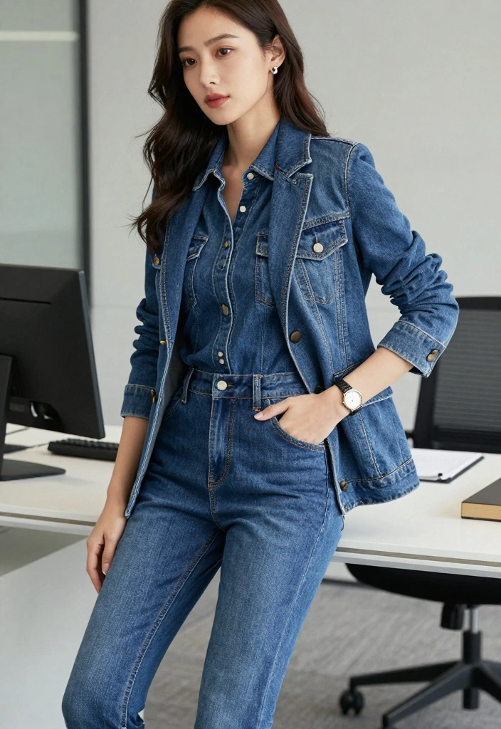 14 Denim Jumpsuit Outfit Ideas for Black Women - 4. Work-Ready Denim Jumpsuit with Blazer 1