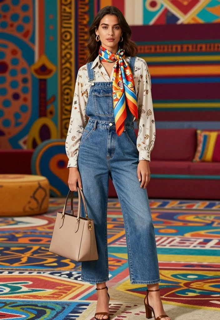 14 Denim Jumpsuit Outfit Ideas for Black Women - 7. Denim Jumpsuit with Print Mixing 1