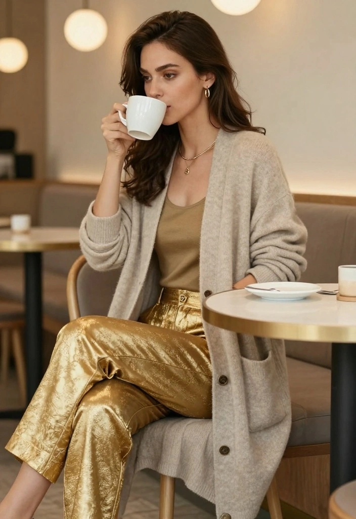 14 Gold Pants Outfit Ideas For Women That Shine - 11. Layering with Long Cardigans 1