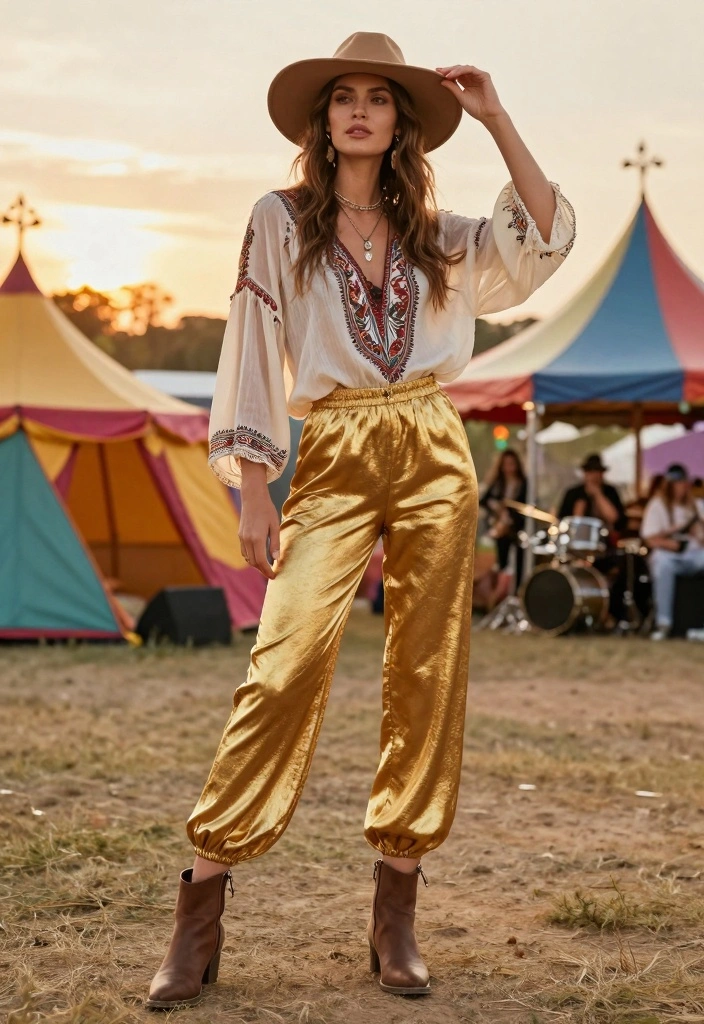 14 Gold Pants Outfit Ideas For Women That Shine - 4. Boho Style with a Twist 1