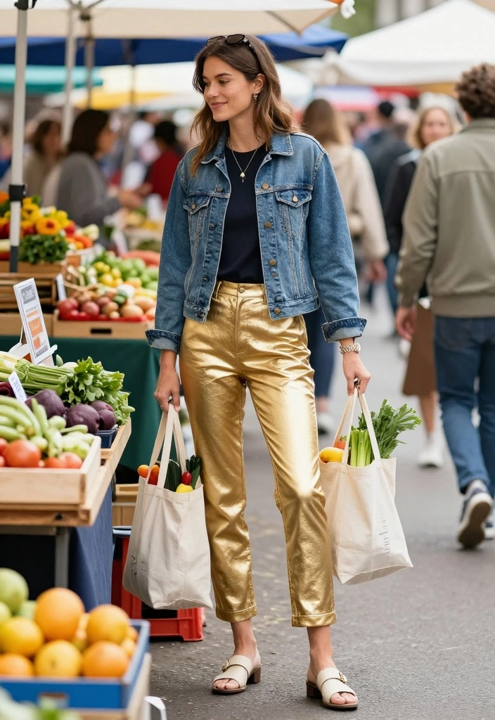 14 Gold Pants Outfit Ideas For Women That Shine - 5. Denim Jacket Layering 1